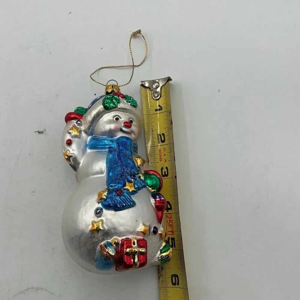 Vintage Snowman Glass Christmas Ornament Blue Scarf Presents Holiday Decor